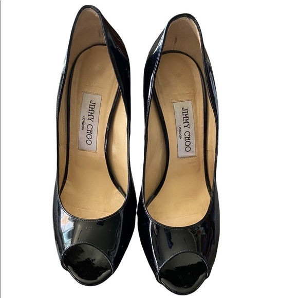 Jimmy Choo Black Patent Leather Comet Peep Toe Pumps Size 37.5 - Picture 3 of 9